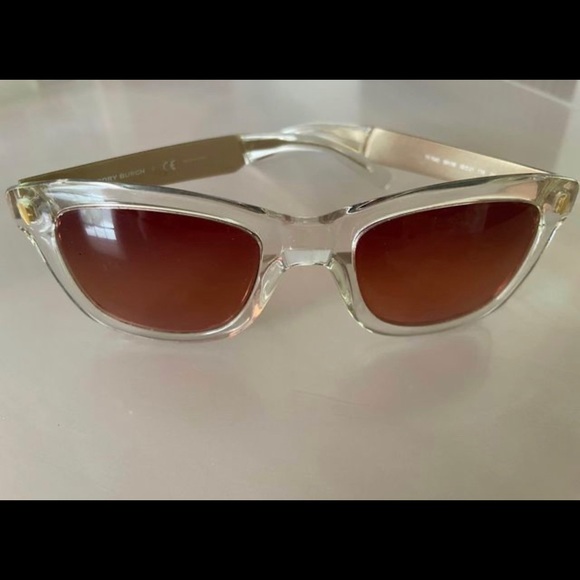 Tory Burch Sunglasses Clear Frames, Gold Mirrored Bows, Tan Lenses & Case - Picture 2 of 11